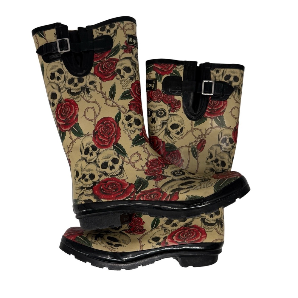 Wyre Valley Skull Rose Gothic Rain Boots Women's 8 Punk Alt Rubber - Picture 11 of 16